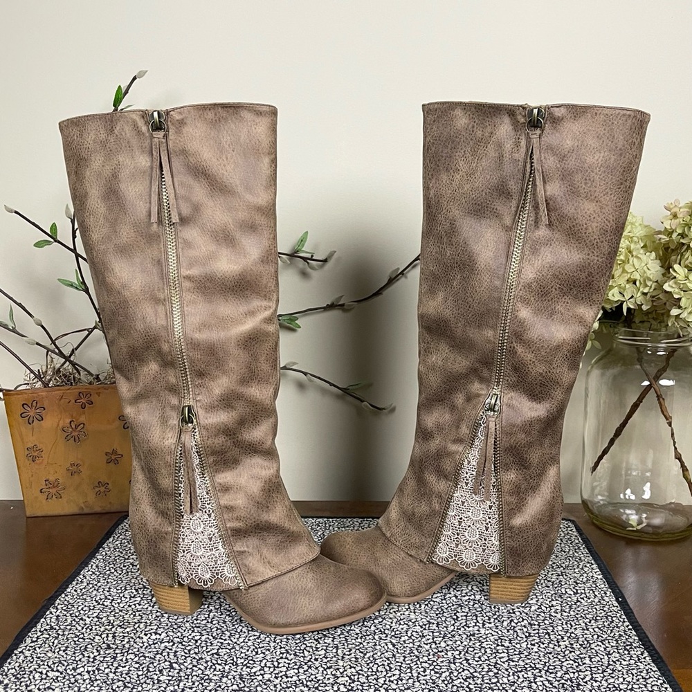 Not Rated Sassy Classy Zipper Lace Inset Distressed Faux Leather Knee-High Boots
